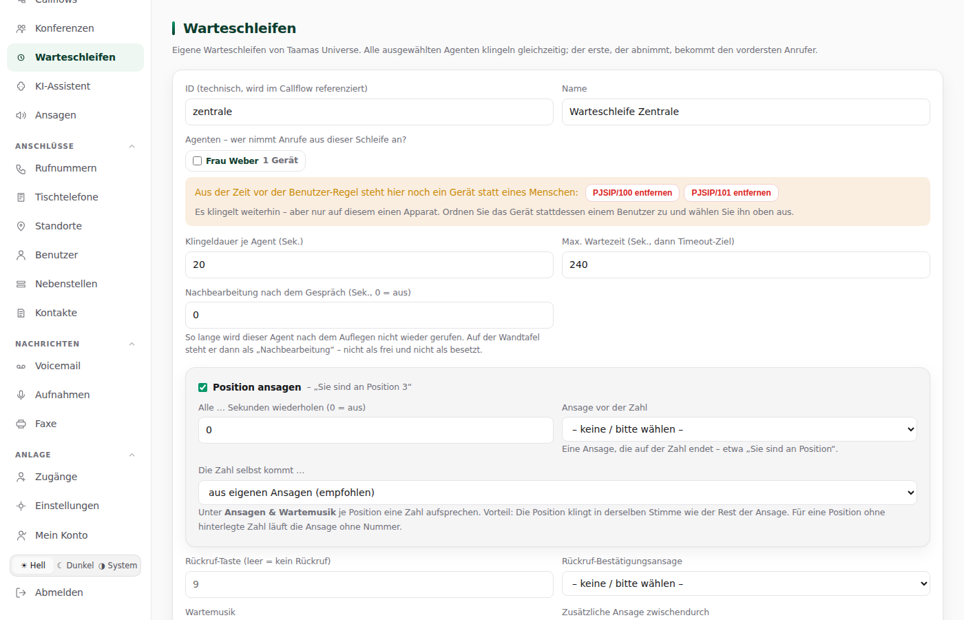 Die Warteschleifen-Einstellungen in Taamas Universe: wer abnimmt, wie lange geklingelt wird, Positionsansage und Rückrufangebot.